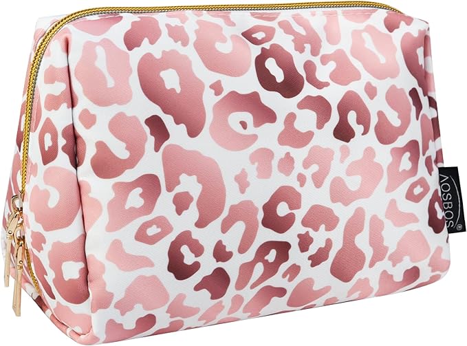 Aosbos Small Travel Makeup Pouch - Pink Leopard Print Cosmetic Case for Women
