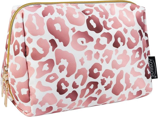 Aosbos Small Travel Makeup Pouch - Pink Leopard Print Cosmetic Case for Women