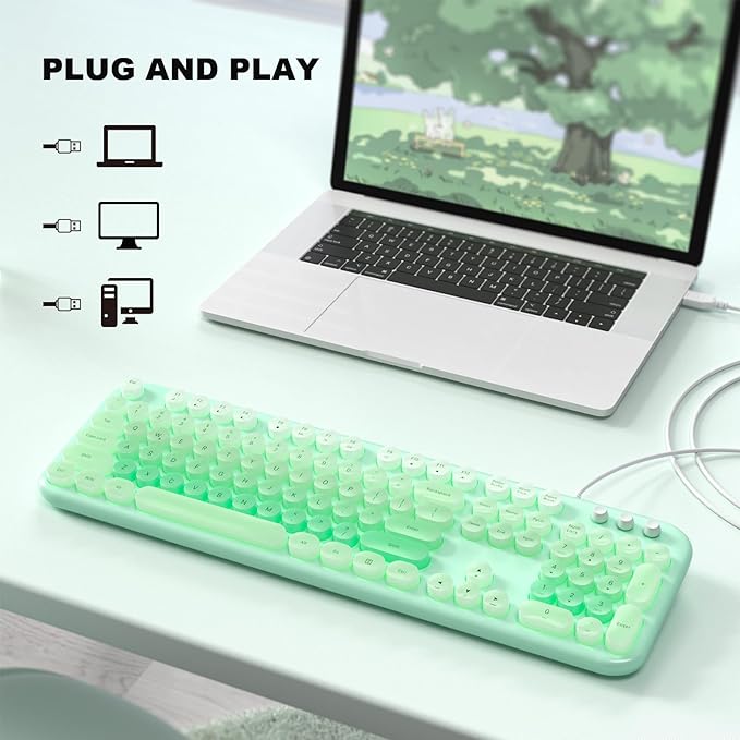 Wired Keyboard with Backlit, Light Up Computer Keyboards with Multimedia Keys, Full Size Wired Keyboard With Illuminated LED, Plug and Play, Anti-Wear Letters for Laptop, Desktop- Green Colorful