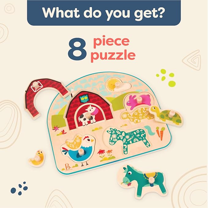 B. toys- Animal Barnyard- Wooden Peg Puzzle – Farm Puzzle – Animal Peg Puzzle for Toddlers, Kids – 8 Chunky Pieces – 18 Months +