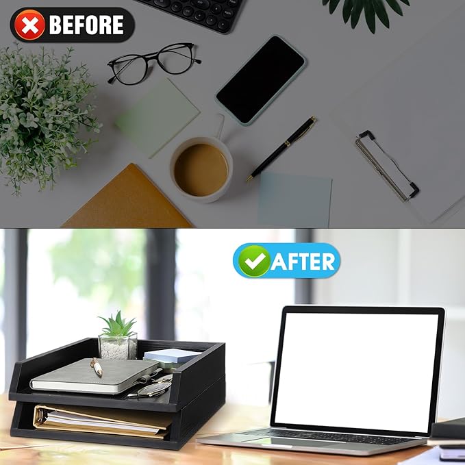 DoubleFill 2 Pcs Wooden Letter Trays Wood Letter-Size Desk Organizer Heavy Duty 2 Tier Stackable Supports Paper Tray Desktop Drawer Organizer File Folder Magazine Office Accessories (Black)