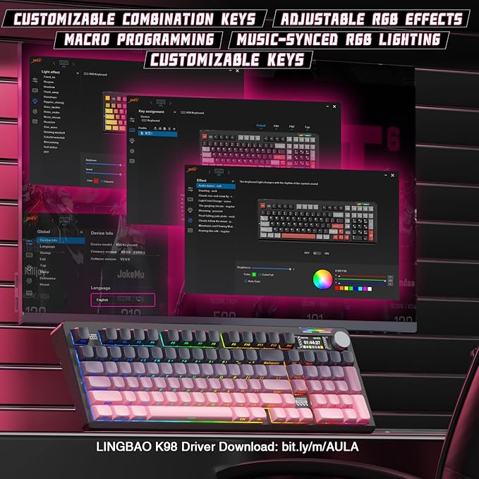 LINGBAO K98 PRO Mechanical Keyboard Wireless, with Screen & Knob,RGB Gaming Keyboard, Tri-Mode BT5.0/2.4GHz/USB-C, Gasket Mount Hot-Swappable Linear Switches Gamer Keyboards for PC/Mac/Linux/Android