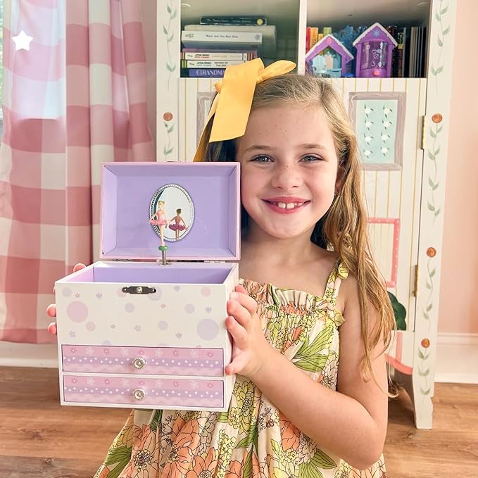 Jewelkeeper Jewelry Box - Jewelry Box for Girls with Ballerina and Music Box - Dual Drawers and Spacious Storage - Swan Lake Tune - White and Purple Keepsake Box - 6 x 6.75 x 5.25 Inches