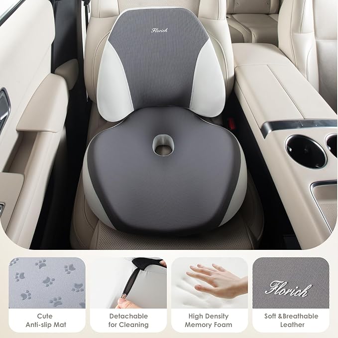 FLORICH Lumbar Support Pillow and Car Seat Cushion for Driving Car Office Chair, Memory Foam Back Support Pillow and Office Seat Chair Cushion for Sciatica Pain Relief - Gray