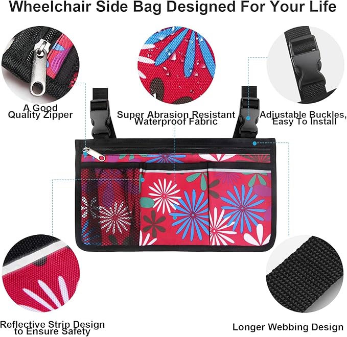 Wheelchair Side Bag, Upgrade Flower Color Wheelchair Armrest Storage Pouch with Cup Holder and Reflective Strip Made with Waterproof Fabric, for Most Wheelchairs, Walkers and Rollators (Red Fireworks)