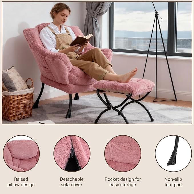 Welnow Lazy Chair with Ottoman, Modern Lounge Accent Chair with Armrests and a Side Pocket, Leisure Sofa Armchair Set, Reading Armchair with Footrest for Small Space, Plush Dark Pink