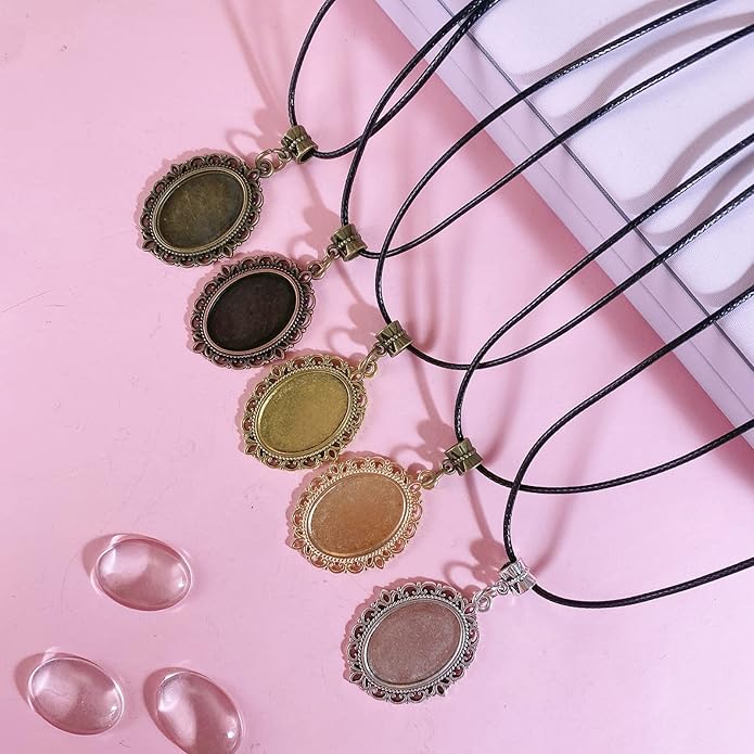 Bezel Pendant Trays Gold and Sliver, Rhinestone Bezel Pendants Trays for DIY Jewelry Craft Making, Picture Necklace Pendant Trays with Clear Glass Cabochons and Chains