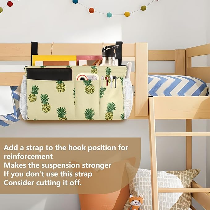 Light Yellow Pineapple01 Bedside Caddy for Dorm Bed Bedside Hanging Caddy Bag Iron Frame Storage Organizer Pocket for Bunk Home College Hospital Beds 2 Hooks