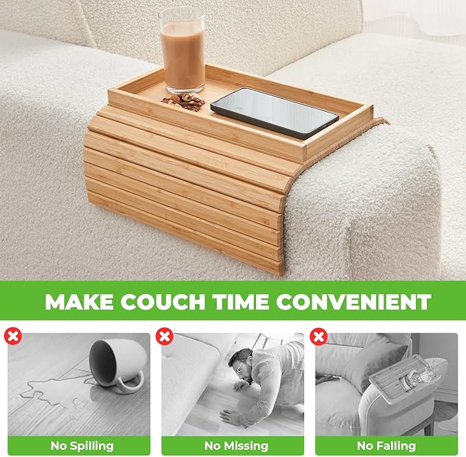 Bamboo Sofa Arm Tray, Anti Falling Couch Arm Tray Table, Foldable Couch Armrest Table, Portable Sofa Armrest Trays Cup Holder for Drink, Cups, Phone, Snacks, Remote