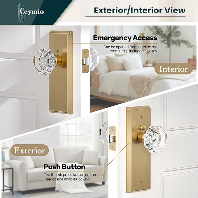 Glass Door Knobs for Interior Doors - Vintage Crystal Privacy Bedroom & Bathroom Door Knob with Lock - Diamond Cut Door Handle - Satin Brass Finish (1 Pack)
