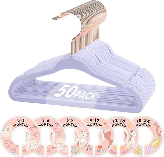 Baby Hangers, VIS'V 11 Inch Lavender Velvet Kids Hangers with 6 Pcs Size Dividers Non Slip Nursery Children Closet Clothes Hangers for Infant Toddler Girls and Boys 50 Pcs