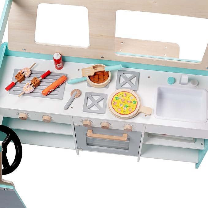 Food Truck Wooden Playset- 20 Fun Toy Pieces Including Cook Top, Steering Wheel, Sticker Sheet for Kids Name - Includes Food Tray, Pizza Slices & More, Dual Sided Play Stand for Indoor Fun Activity
