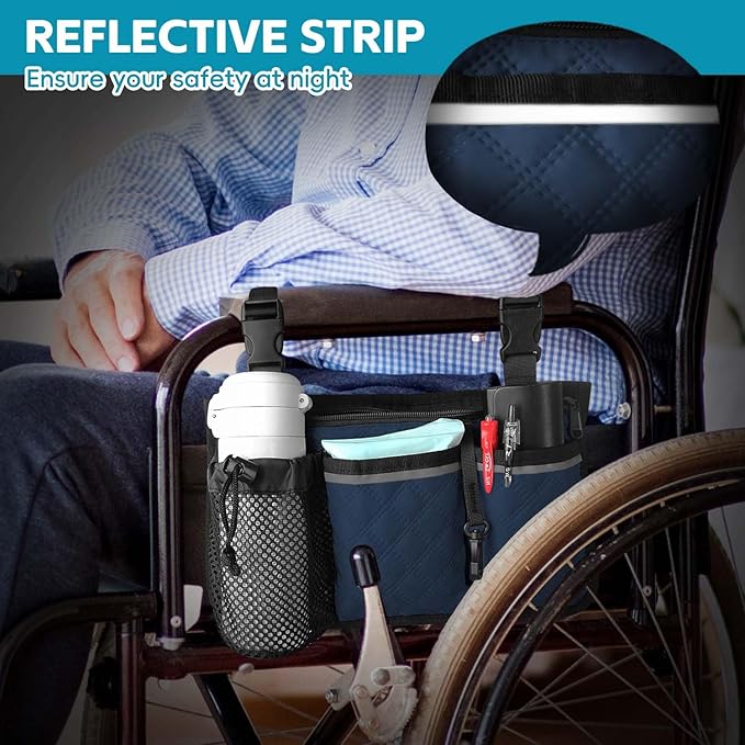 Wheelchair Bag with Cup Holder, Wheelchair Accessories Armrest Side Bag Multi Pockets Pouch for Electric Wheelchairs, Walker, Rollators & Mobility Scooters, Adults, Seniors, Navy Blue