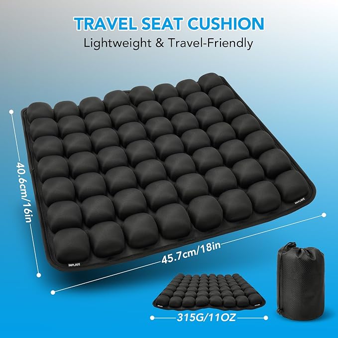 56 Air Cell Inflatable Travel Seat Cushion, 3D Air Bubble Design for Pressure Relief & Ergonomic Support, Self-Inflating with Press Button（No Pump Needed）,Portable for Office Chair,Car,Wheelchair,Home