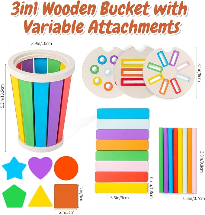 Montessori Toys for 1 2 3 Year Old, 3 in1 Wooden Learning Color Sorting Toys for Toddlers 12-36 Month Old, Wooden Educational Toy, Fine Motor Developmental Sensory Matching Games