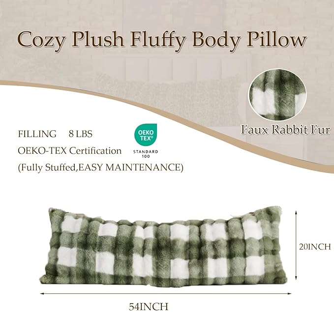 Luxury Shaggy Faux Fur Body Pillow,Fluffy Bed Pillow with Zipper Closure,Soft Decorative Plush Full Long Pillows,Fuzzy Hug Pillow for Living Room Side Sleeper & Pregnancy 20"x54" Sage Green Grid Print
