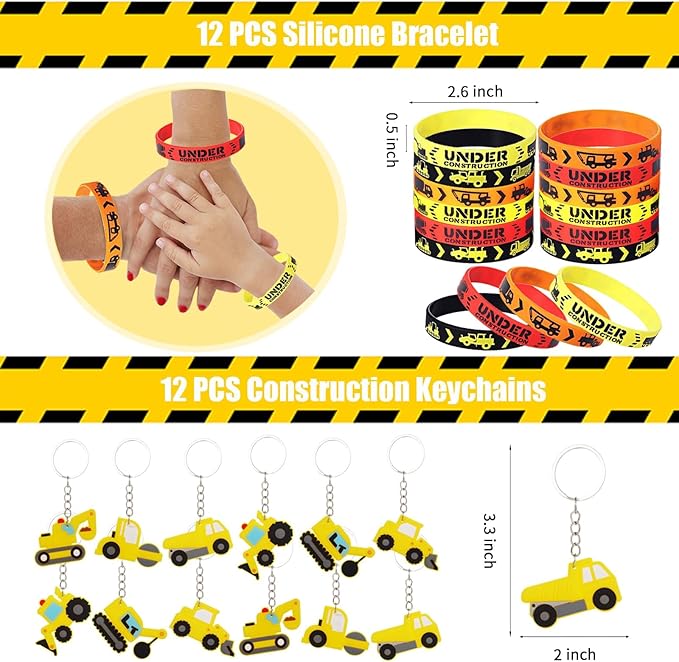 122 PCS Construction Party Favors Construction Theme Party Supplies Mini Construction Vehicles Rubber Bracelet Keychains Truck Button Pin Bags for Kids Birthday Party Favors Goodie Bag Fillers