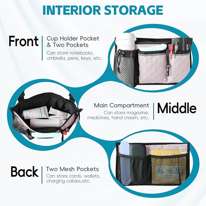 Wheelchair Bag with Cup Holder, Wheelchair Accessories Armrest Side Bag Multi Pockets Pouch for Electric Wheelchairs, Walker, Rollators & Mobility Scooters, Adults, Seniors, Pink