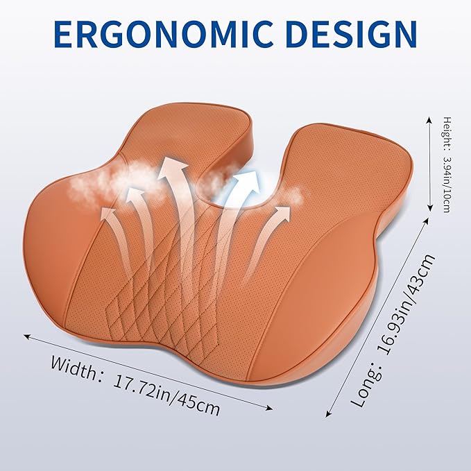Leather Car Seat Cushion,Office Chair Cushion Non-Slip Cushion Ergonomic Office Desk Accessories for Tailbone Pain Relief Extra-Dense Memory Foam for Hip Tailbone Coccyx Sciatica Cushion Ochre Brown