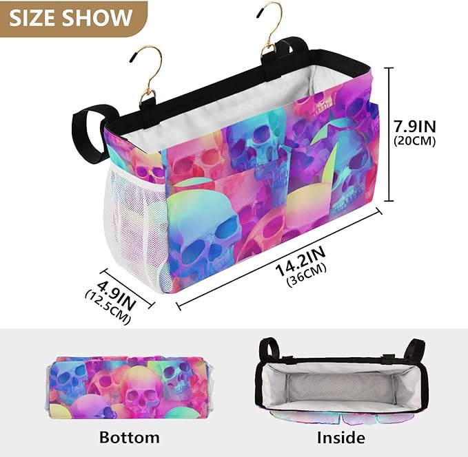 Gradient Multicolored Skulls Bedside Caddy for Dorm Bed Bedside Hanging Caddy Bag Iron Frame Storage Organizer Pocket for Bunk Home College Hospital Beds 2 Hooks