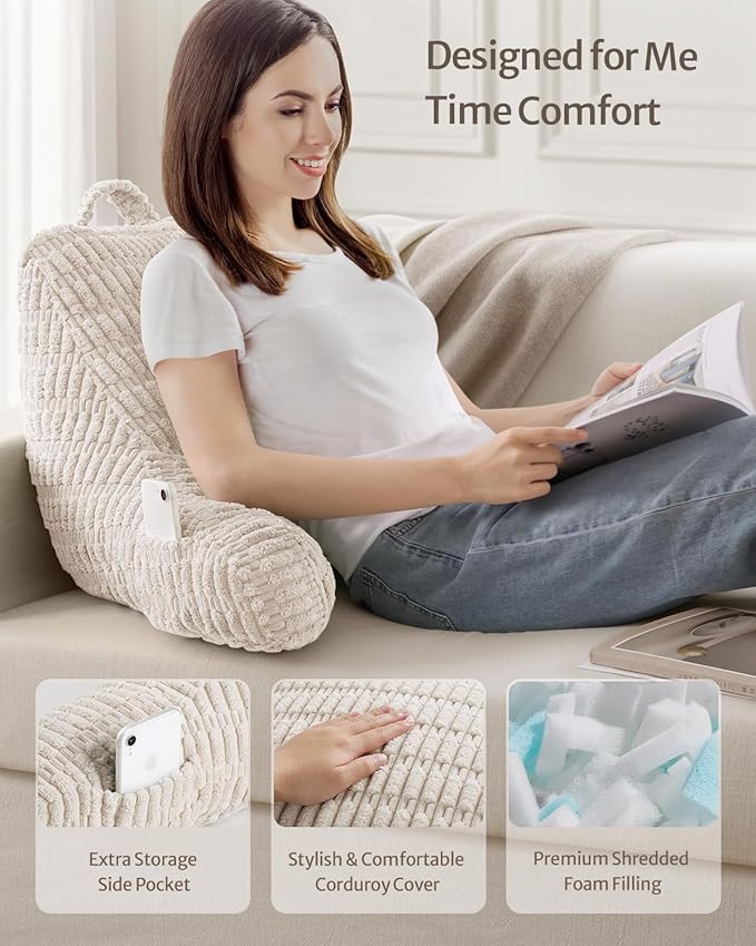 Blissful Diary Reading Pillow, Backrest Pillow with Shredded Memory Foam for Adult & Children, Designed for Bed and Couch Sitting Up, Includes Arms, Pockets and Washable Cover, Off White
