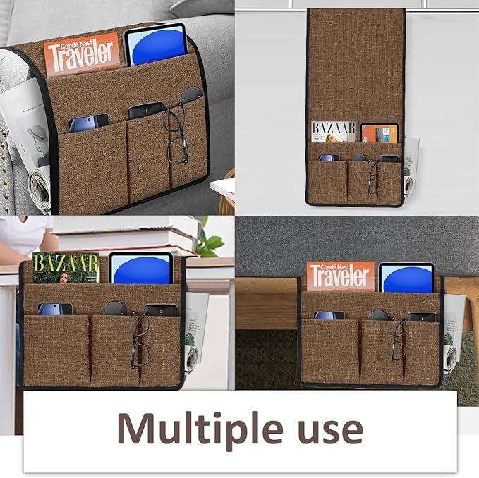 Joywell Sofa Armrest Organizer Couch Armchair Caddy Remote Control Holder for Recliner Non Slip TV Remote Caddy with 6 Pocket Storage for Magazine, Tablet, Phone, iPad, Brown