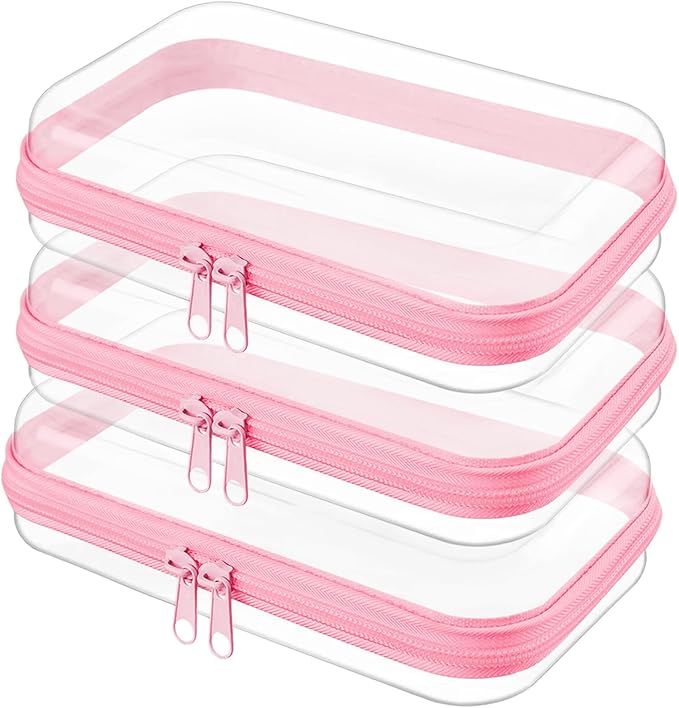 Clear Hard Shell Zipper Case,Clear Toy Storage Pouch,Waterproof Transparent Organizer Comestic Case for Travel, Office, Home (Pink, 3*S)