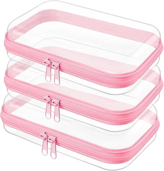Clear Hard Shell Zipper Case,Clear Toy Storage Pouch,Waterproof Transparent Organizer Comestic Case for Travel, Office, Home (Pink, 3*S)