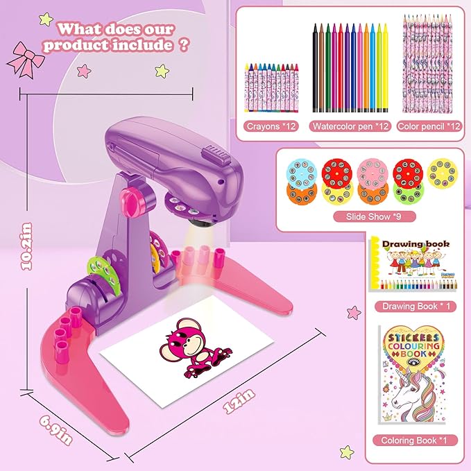 Hoarosall Drawing Projector for Kids, Art and Craft Kit, Toys for Girls Aged 3+, Drawing Supplies, Including Colored Pencils, Crayons, Coloring Books, Gift for 3+ Year Old Girls (Purple)