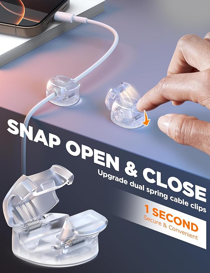 12Pack Cable Clips - Chfeila Latest Dual Spring Cord Organizer with Clasp Lock, [Max Stability] Desk Cable Management, Adhesive Phone Charging Wire Holder for Nightstand/Car/Wall, Office Accessory