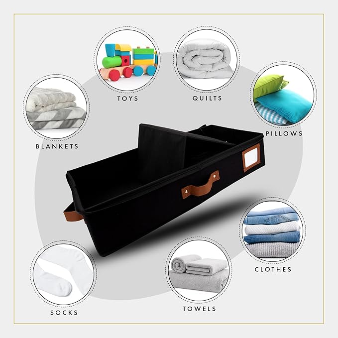 HOMELUX THEORY 2pc Under Bed Storage Containers, Bedroom Under the Bed Drawer Storage Organizer with Bins and Lids, Large Underbed Clothes Storage Box Ideal for Blanket, Fabric, & Shoes (Black)