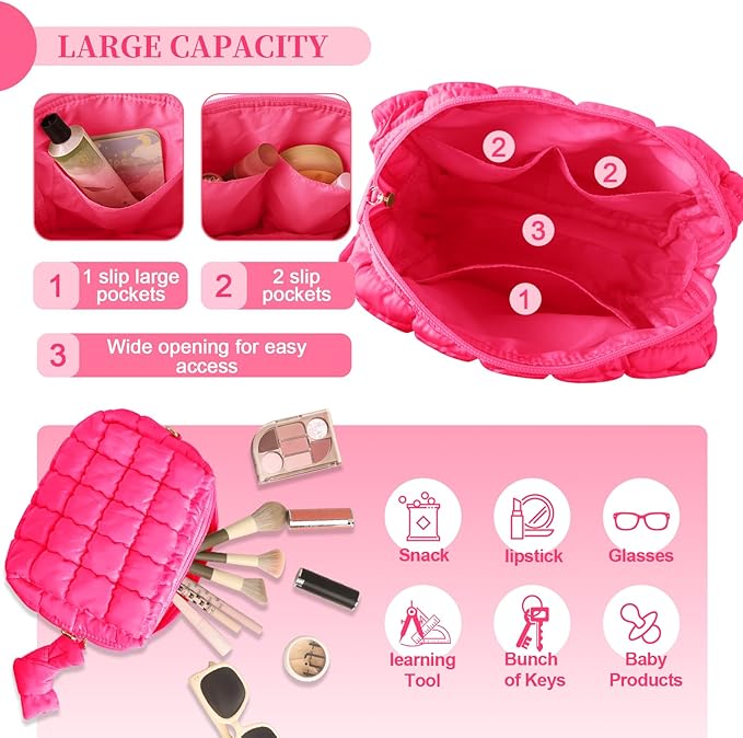 Puffer Quilted Makeup Bag Cosmetic Bags,Puffy Travel Toiletry Pouch for Women,Cute Checkered Zipper Bag Travel Essential,Portable Aesthetic Make up Organizer Bag for Gifts Work Daily(RoseRed,M)