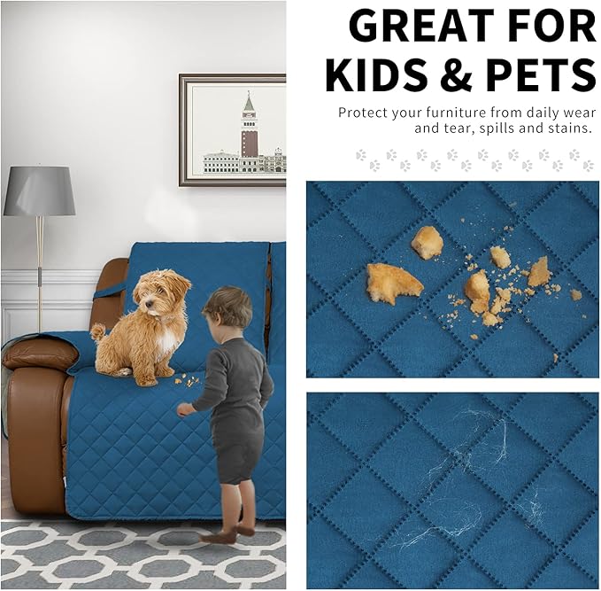 Easy-Going Loveseat Recliner Cover, Reversible Couch Cover for Double Recliner, Split Sofa Cover for Each Seat, Furniture Protector with Elastic Straps for Kids, Dogs(2 Seater, Peacock Blue/Beige)