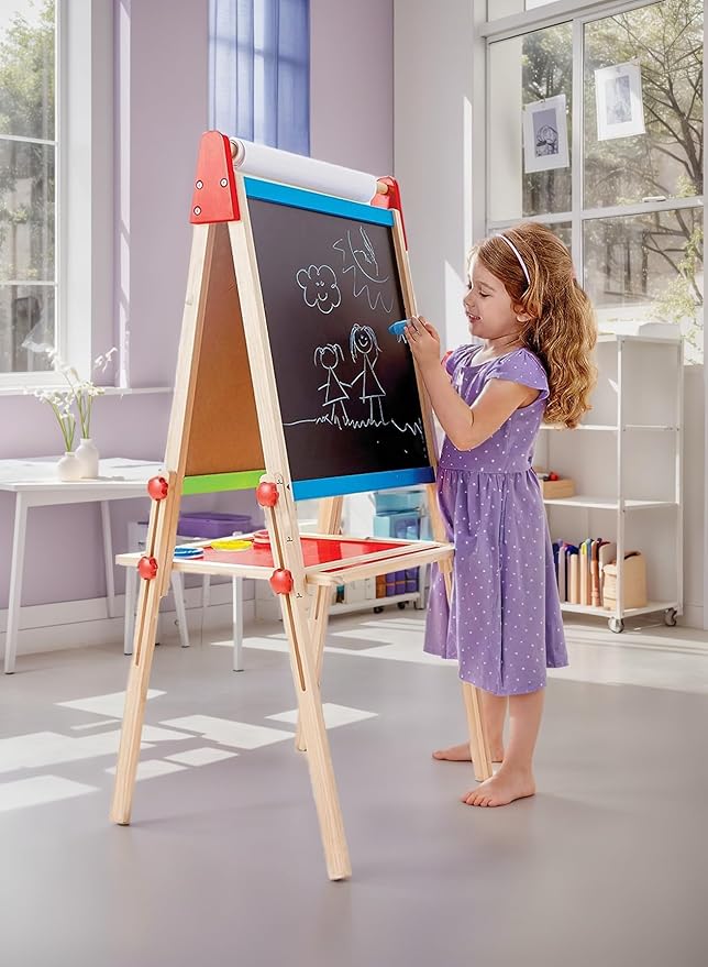 Hape E1010 Magnetic All in 1 Kids Height Adjustable Drawing Dry-Erase Chalkboard Wooden Artist Easel with 3 Paint Pots and Refillable Paper Roll