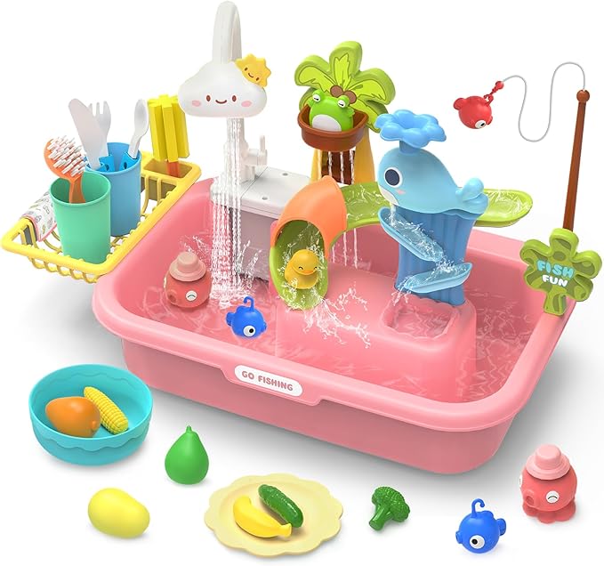 HOLYFUN Play Sink with Running Water, Kitchen Sink Toy with Upgraded Electric Faucet, Water Slide Track, Fishing Game Pool, and Floating Toys for Pretend Play,Dishwasher Toy for Kids and Toddlers