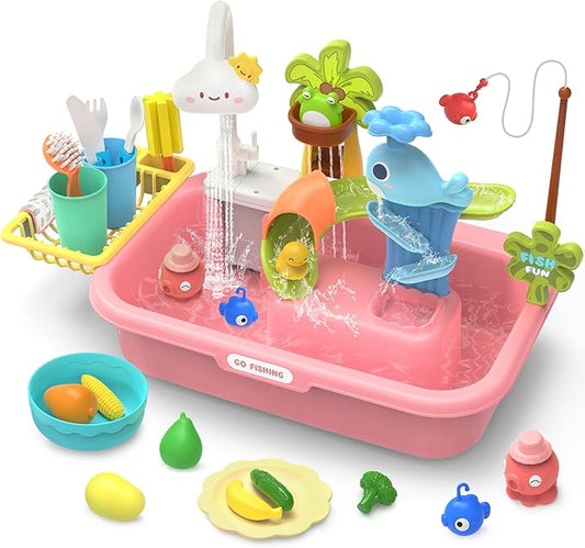 HOLYFUN Play Sink with Running Water, Kitchen Sink Toy with Upgraded Electric Faucet, Water Slide Track, Fishing Game Pool, and Floating Toys for Pretend Play,Dishwasher Toy for Kids and Toddlers