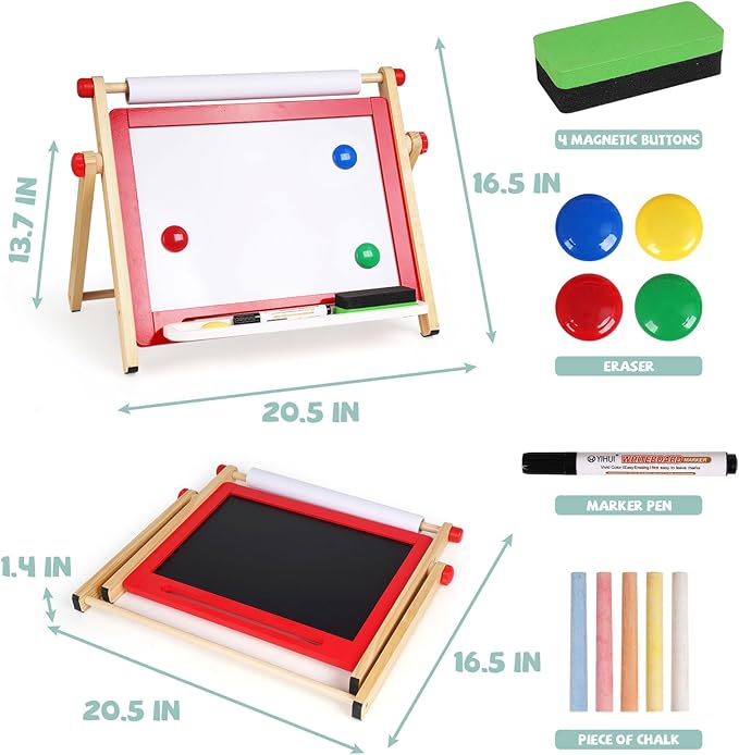 Kids Art Easel, Tabletop Easel for Kids,Wooden Double Sided Kids Easel with Magnetic Whiteboard,Chalkboard and Paper Roll,Great for Girls Boys Ages 3 4 5 Gift