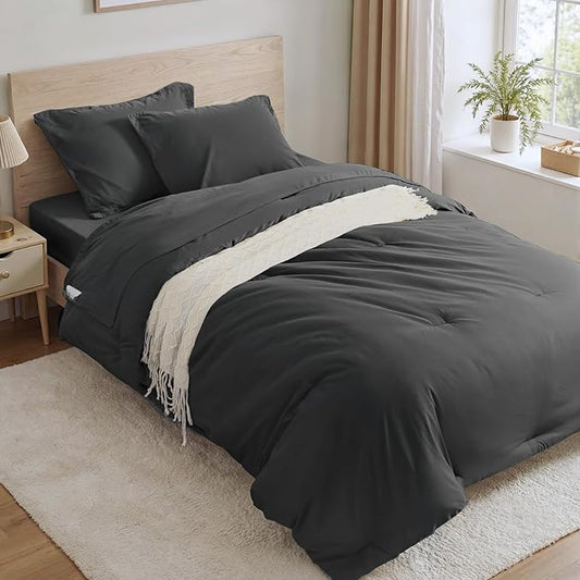 Anluoer Dark Grey Twin Comforter Set 5 Pieces, Bed in a Bag with Sheets, All Season Bedding Sets with 1 Comforter, 1 Pillow Sham, 1 Pillowcase, 1 Flat Sheet, 1 Fitted Sheet