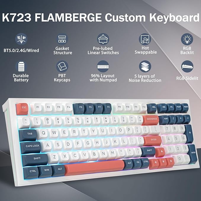 Redragon K723 Wireless Mechanical Gaming Keyboard Creamy, Bluetooth/2.4G/USB-C Wired, RGB Backlit, Hot Swappable Pre-lubed Linear Switches, Custom Gasket Structure for PC/Mac/PS/Xbox, White Blue
