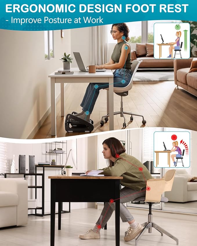 Foot Rest for Under Desk at Work - Ergonomic Under Desk Footrest for Office, Adjustable Foot Stool Desks Footrests with Roller Massager - Leg Support Rest for Office Chair & Gaming Home