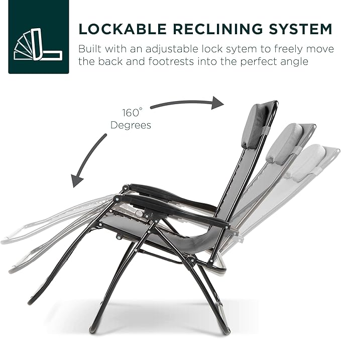 Best Choice Products Oversized Zero Gravity Chair, Folding Outdoor Patio Lounge Recliner w/Cup Holder Accessory Tray, Pillow - Gray