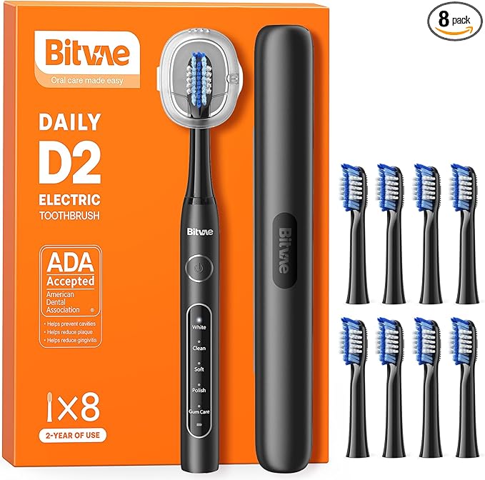 Bitvae Ultrasonic Electric Toothbrush for Adults and Kids, ADA Accepted Travel Electric Toothbrush with Rechargeable 60-Day Battery Life, 8 Toothbrush Heads, 5 Modes, Toothbrush Holder, Black