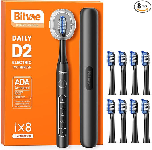 Bitvae Ultrasonic Electric Toothbrush for Adults and Kids, ADA Accepted Travel Electric Toothbrush with Rechargeable 60-Day Battery Life, 8 Toothbrush Heads, 5 Modes, Toothbrush Holder, Black