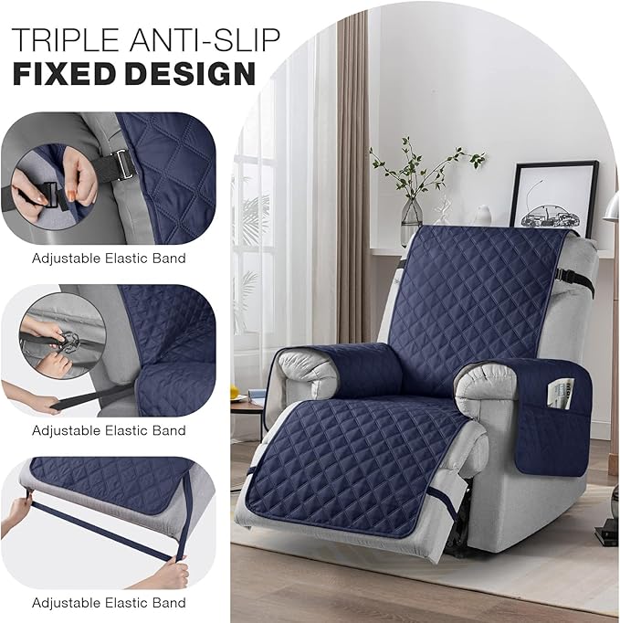 TAOCOCO Non-Slip Recliner Chair Cover Sofa Slipcover, Pet Cover for Large Recliner with Elastic Straps, Washable Chair Seat Cover Recliner Chair Furniture Protector (28'' Oversized, Dark Blue)