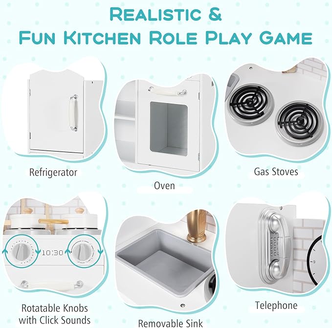 Costzon Kitchen Playset for Kids, Wooden Pretend Cooking Kitchen w/Utensils, Oven, Cabinets, Faucet, Sink & Telephone, Toddlers Play Kitchen Set with Accessories Gift for Age 3+ (White)