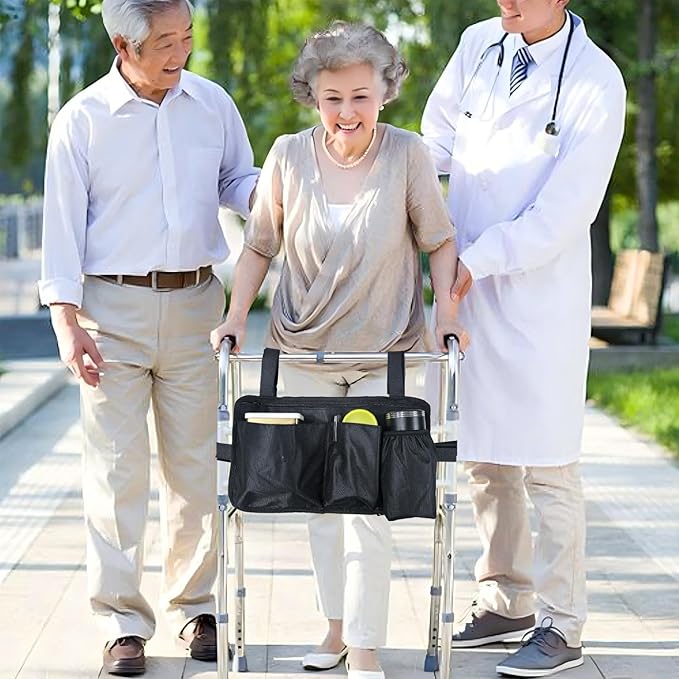 Wheelchair Side Bag with Cup Holder, Wheelchair Armrest Pouch Accessories for Walker, Rollator, Electric Scooter Wheelchairs (Black, 13.8X8 Inch)