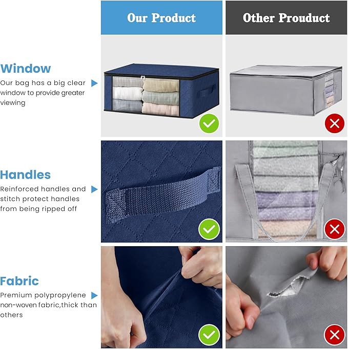 HomeHacks Storage 6-Pack Clothes Organizer Storage Bags Foldable Storage Box with Large Clear Window Sturdy Handles for Closet, Dorm, Pillows, Bedding, Clothes, Blankets, 35L, Blue