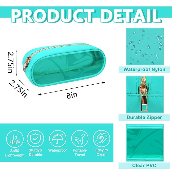 UIXIZQ Clear Small Pencil Pouch Makeup Bag for Purse,Nylon&PVC Pencil Case Waterproof Makeup Brush Holder with Zipper,Preppy Transparent Pen Bag Cosmetic Bag for Women Men Office(Slim-Mint Green)