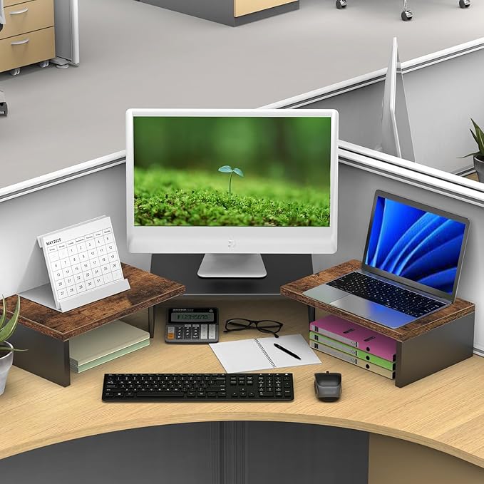 OUTIOE Dual Monitor Stand for Desk, Wooden Monitor Riser, Desk Shelf for Top of Desk, Computer Stand for Home and Office Use (Wood)
