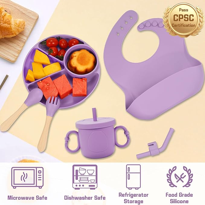 Silicone Baby Feeding Set, Baby Led Weaning Supplies, Silicone Suction Plate, Bowl, Spoons, Fork, Waterproof Bib, Cup and Food Tableware, Eating Utensils Baby Feeding Essentials for 3+ Months